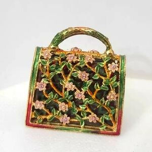 Enamel Jeweled ~ Mini Purse Decorative Piece ~W/Different Crystals~Flower Garden